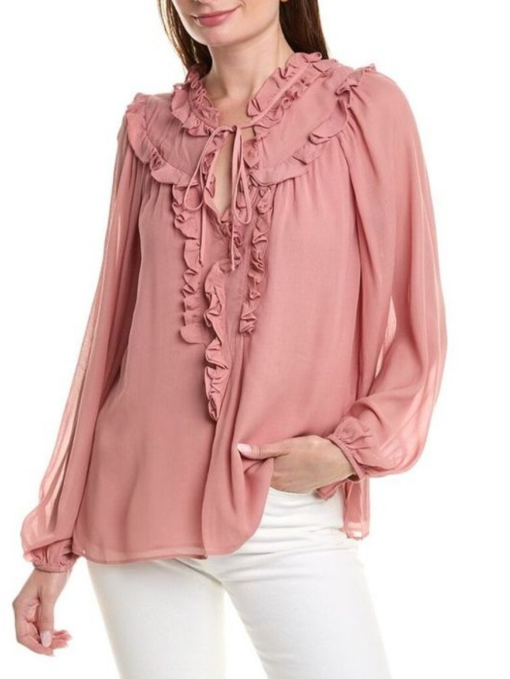 Kobi Halperin Rose Pink Ruffle Tie-Neck Blouse Boho Chic Luxury Feminine Top